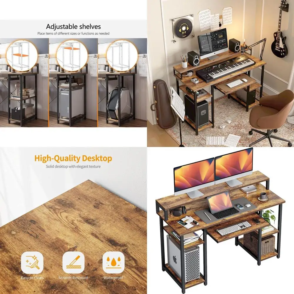 

Компьютерный стол с выдвижной полкой для клавиатуры, 47-дюймовый офисный стол с подставкой для монитора и полками для хранения, рабочая станция для музыкальной студии, для работы