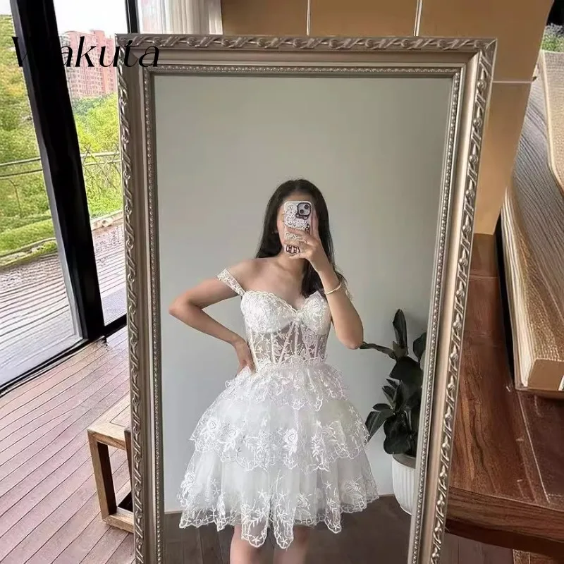 Wakuta Sexy Strapless Strapless Lace Gowns Glitter Tulle Reunion Robe Corset Layered Formal Party Vestidos De Fiesta فستان سهرة