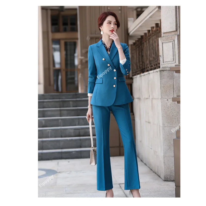 

New High Quality Women Formal Pant Suit Blue Black Fashion Single Breasted Skirt Suit Business Office Lady Blazer 2 Piece Set