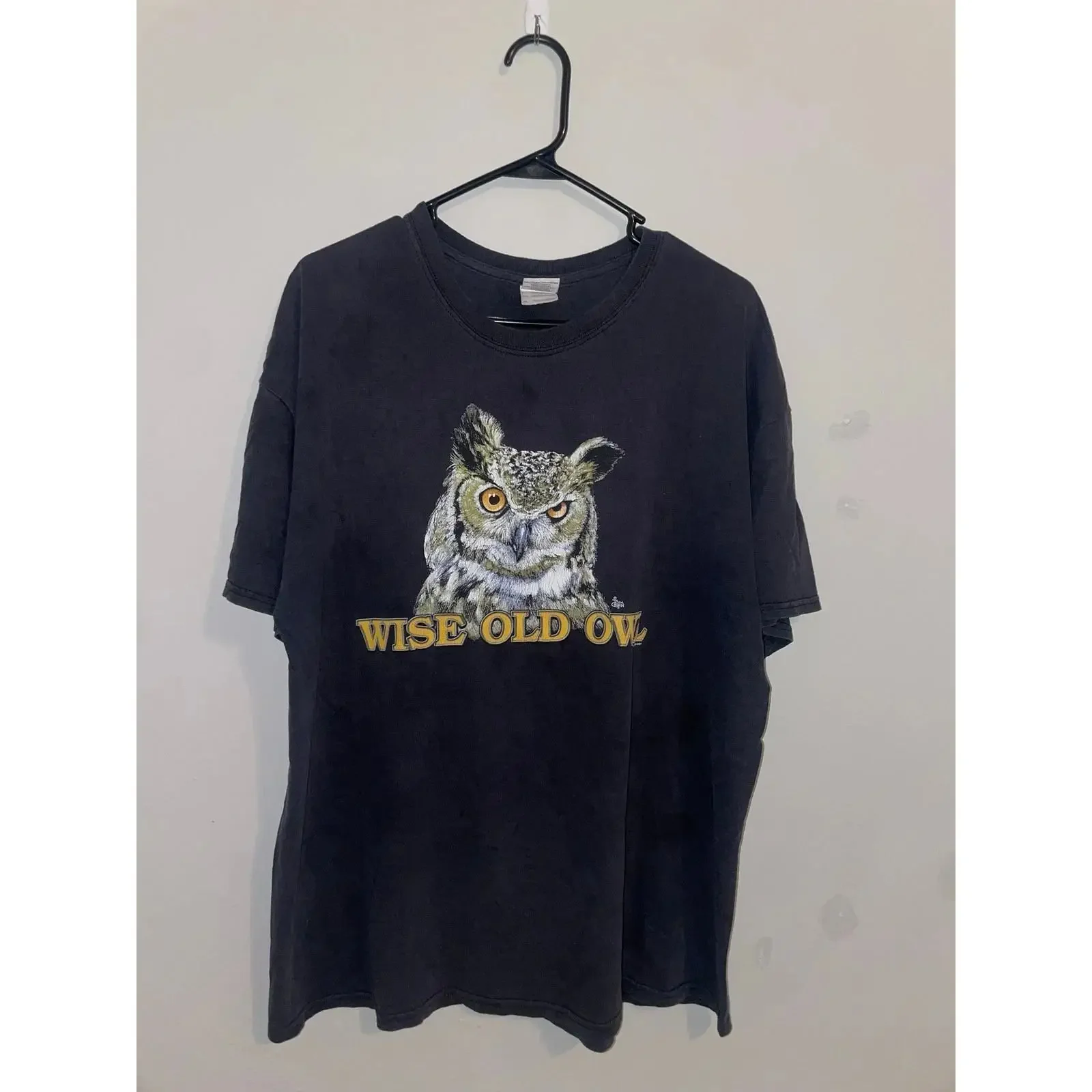 2012 WIse Old Owl Earth Sun Moon Black Nature Animal T Shirt XL X Large vintage Washed Unisex homme Soft streetwear Versatile