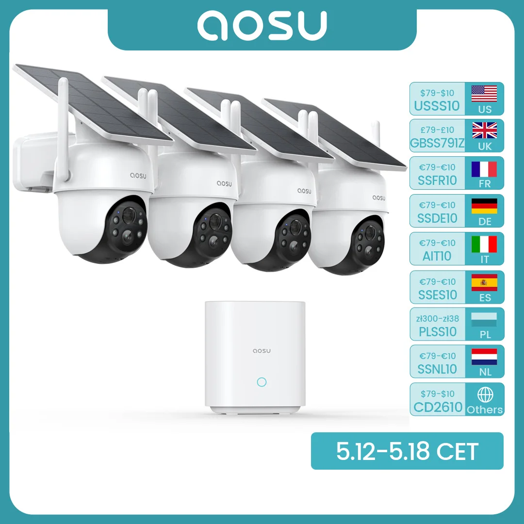 AOSU 3MP Solarbatterie-Kamerasystem 4 Cams Kit Wireless 360 °   PTZ Überwachung Wifi Kamera Set AI