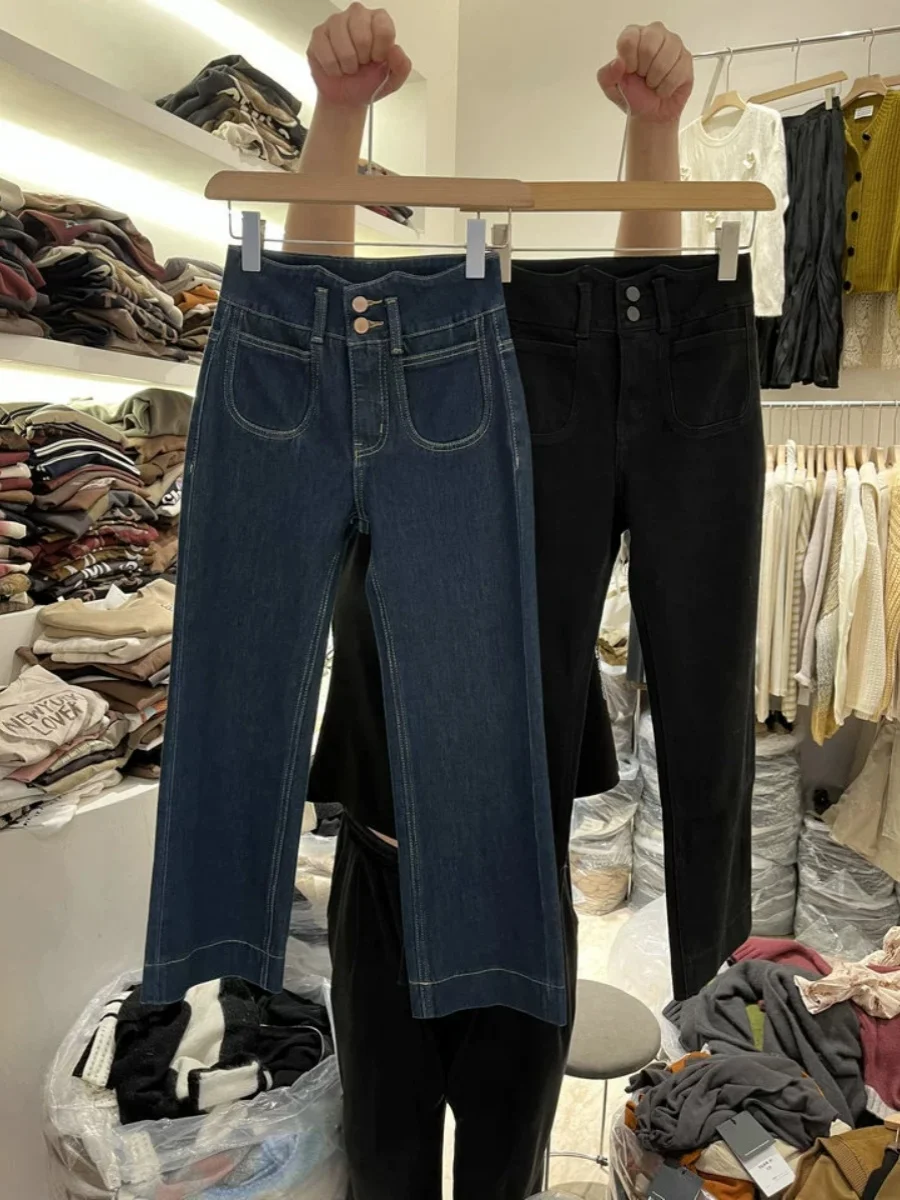 

High Waist Design Pencil Pants with Big Pockets And Stitching Line Straight Leg Jeans Blue Color for Women Autumn Season