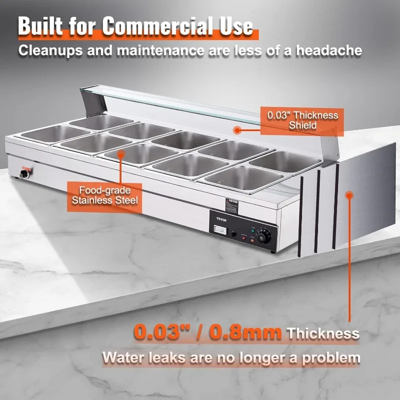 VEVOR Calentador de alimentos comercial de 10 paneles, mesa de vapor eléctrica de 10 x 12 cuartos con cubierta de vidrio templado, 1800 W