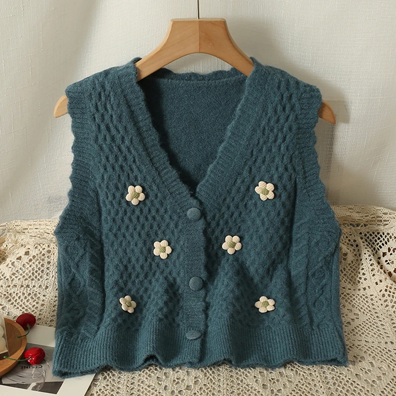 HELIAR Women V-neck Buttons Up Cardigan Flower Preppy Style Sweet Sweater Vest Office Knitted Vest Casual Tops Autumn Winter