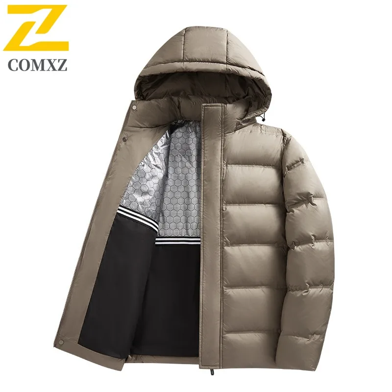 COMXZ Men Winter Down Jacket Hooded Outdoor Ski Thickened Warm Parka Cold Weather Windproof Fashion graphene Puffer Jacket 2025