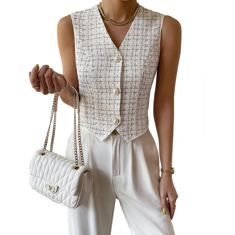 

Retro Vest Svel V-Ne Single Wear Sexy Top for Women Commute Sle ort Length Single Button Plaid Pattern Other Mate...