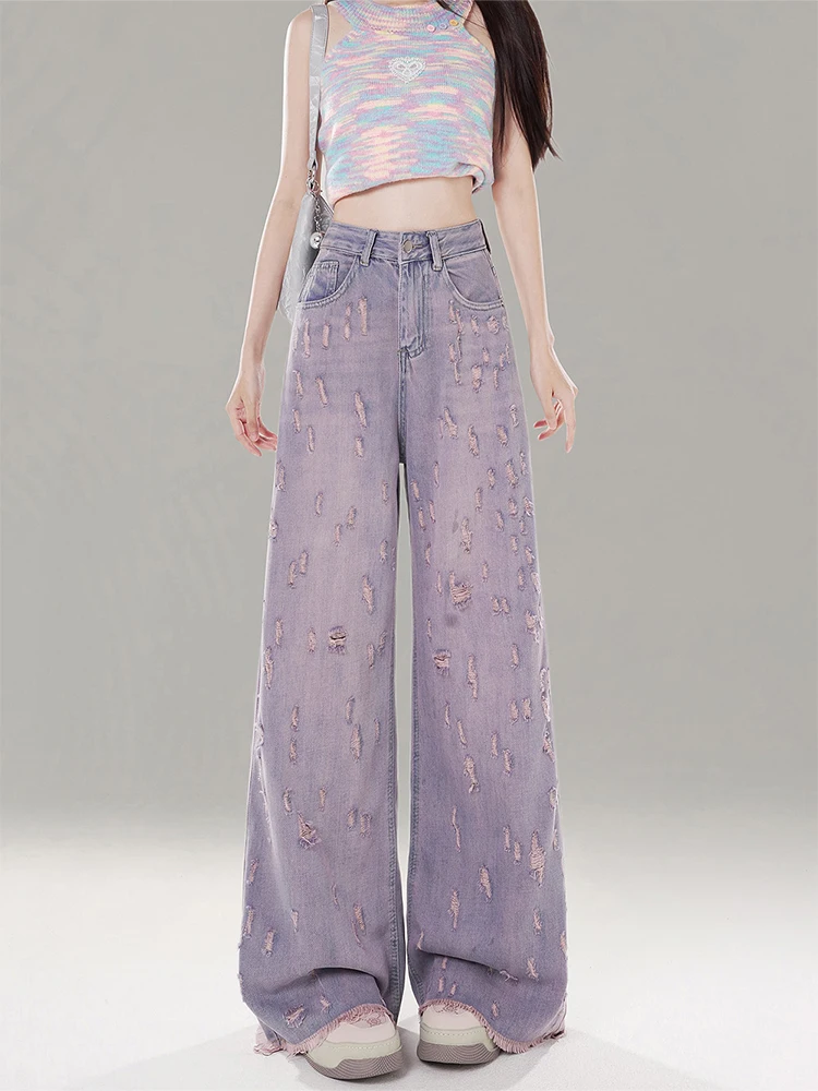 Retro Gentle Purple Denim Ripped Pants Female Daily Out Casual All-matched Trousers High Waist Wide Leg Straight Jean Pants