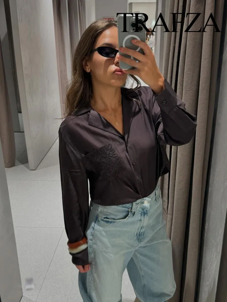 

TRAFZA Woman Fashion Chic Single-Breasted Embroidery Decorate Slim Translucent Blouses Women Lapel Long Sleeves Loose Shirts