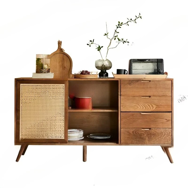style rattan dining side cabinet Modern simple multi-functional ash wood solid wood double-door chest cabinetSSS