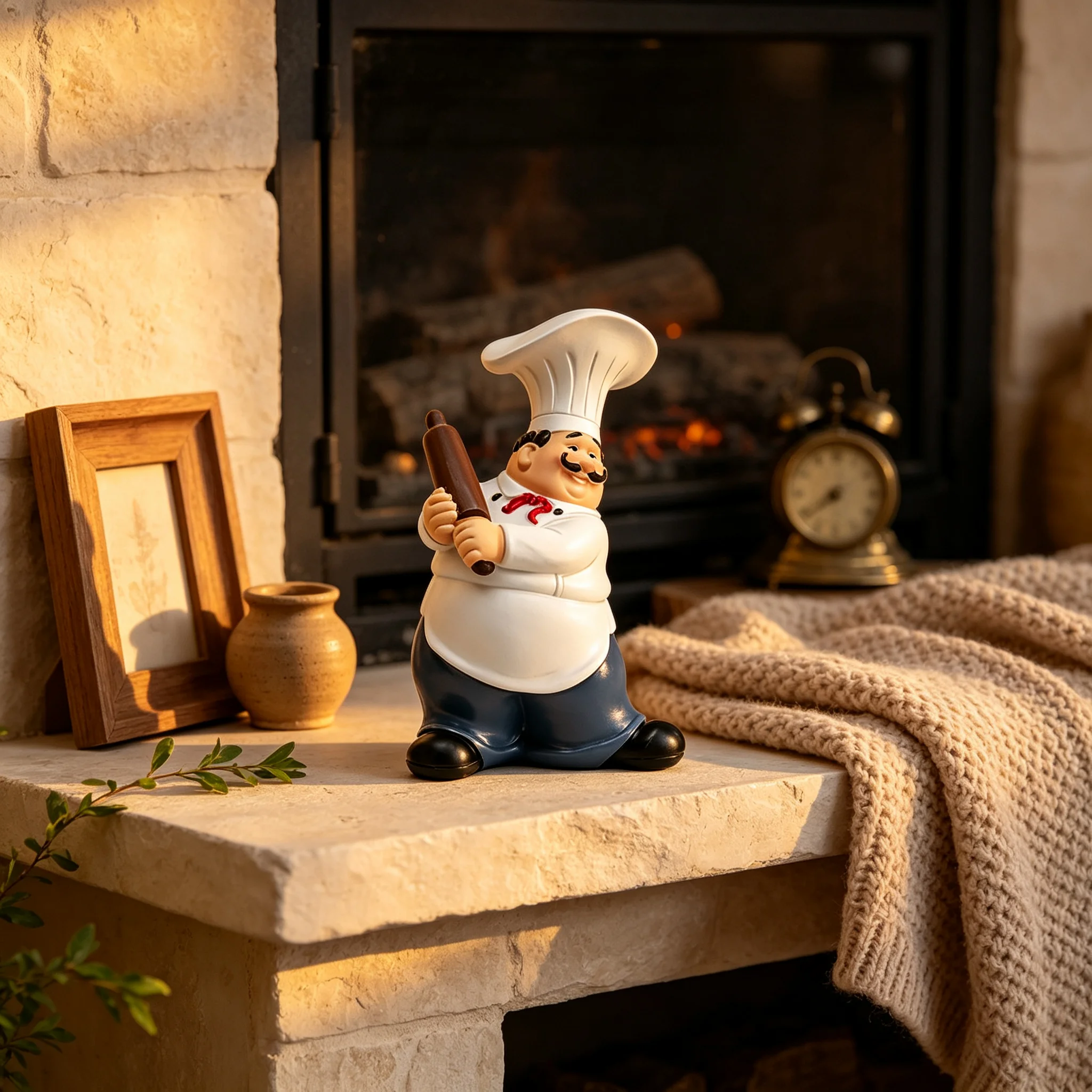 Resin Art Kitchen - Mustache Chef-Chef Resin Statue Waving Rolling