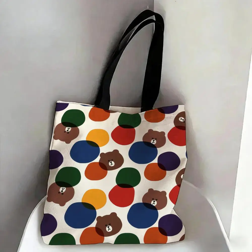 Cute Cartoon B-Brown Bear C-Cony Storage Bags Canvas Double-Sided Print Fashion Shoulder Tote Shopping Bag Gift Eco Handbags