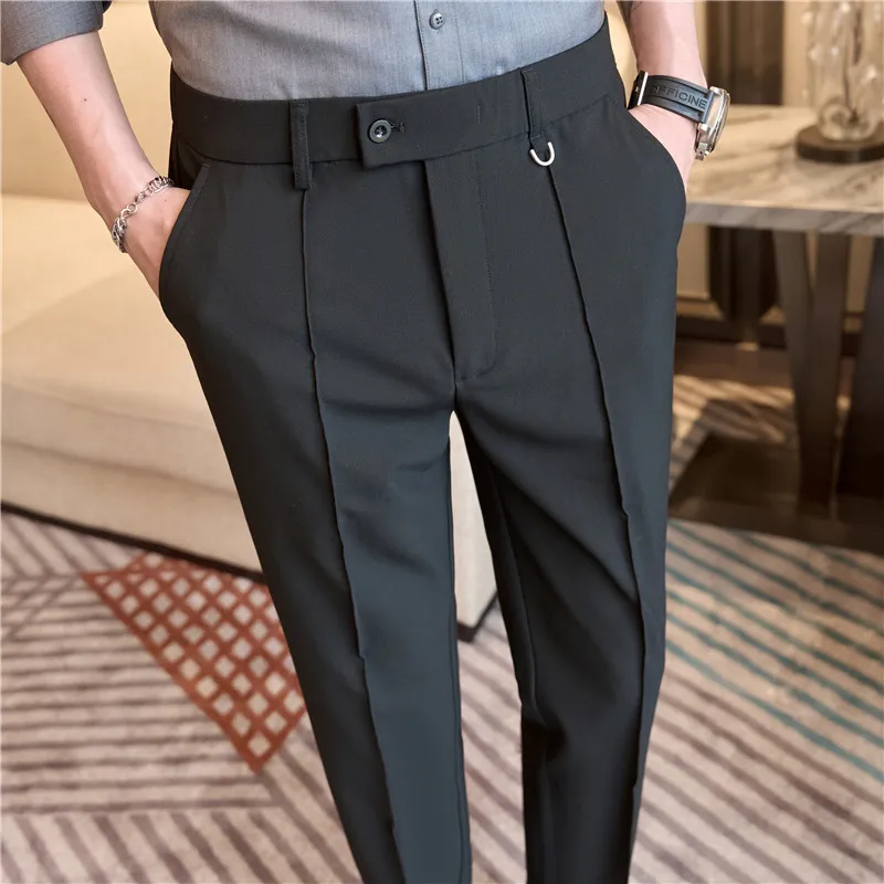 Dress Pants For Men Fashion Belt Design Stretch Waist Big Size Suit Pants Elegant Casual Men's Formal Trousers High Quality Sale