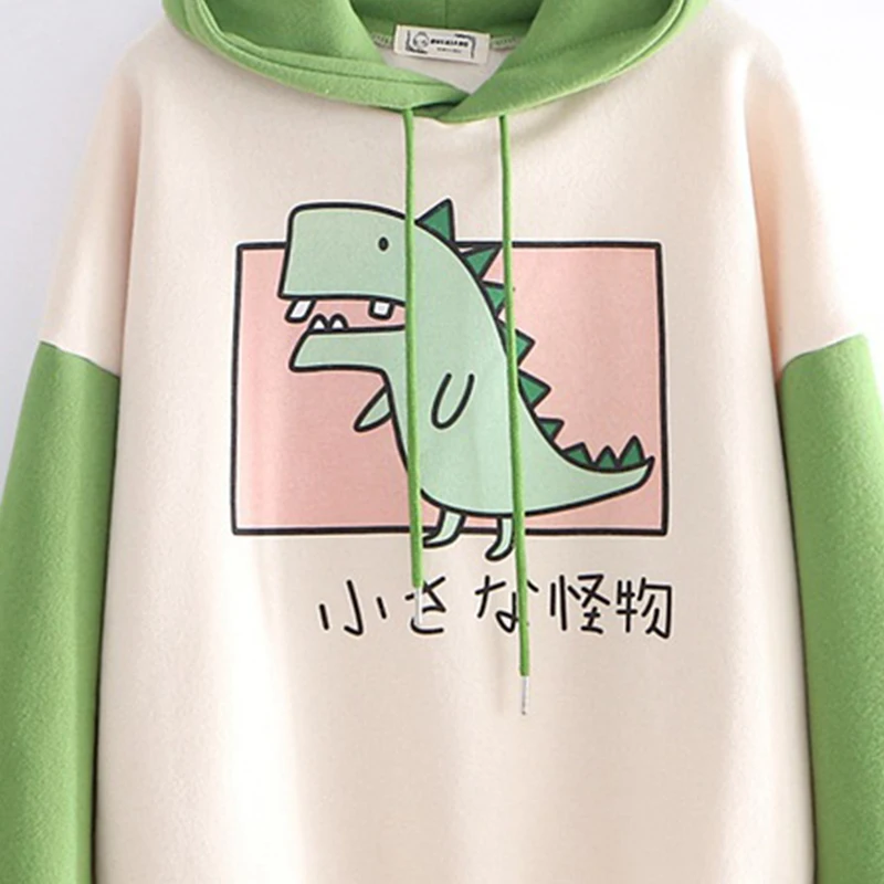 Women Dinosaur Fashion Long Sleeves Contrast Streetwear Cartoon Printed Hoodies Loose Harajuku Casual Comfortable Autumn Winter