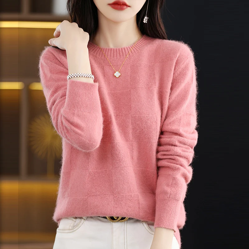 Autumn and Winter New O-Neck Women\'s Sweater 100% Pure Mink Cashmere Knitted Pullover Solid Color Slim Fit Fashion Top