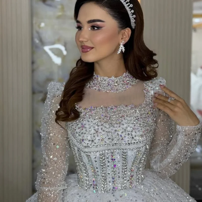 Shiny White Wedding Dresses off-shoulder A-line crystal decal Long tail long sleeves Bridal Gowns Made Customized