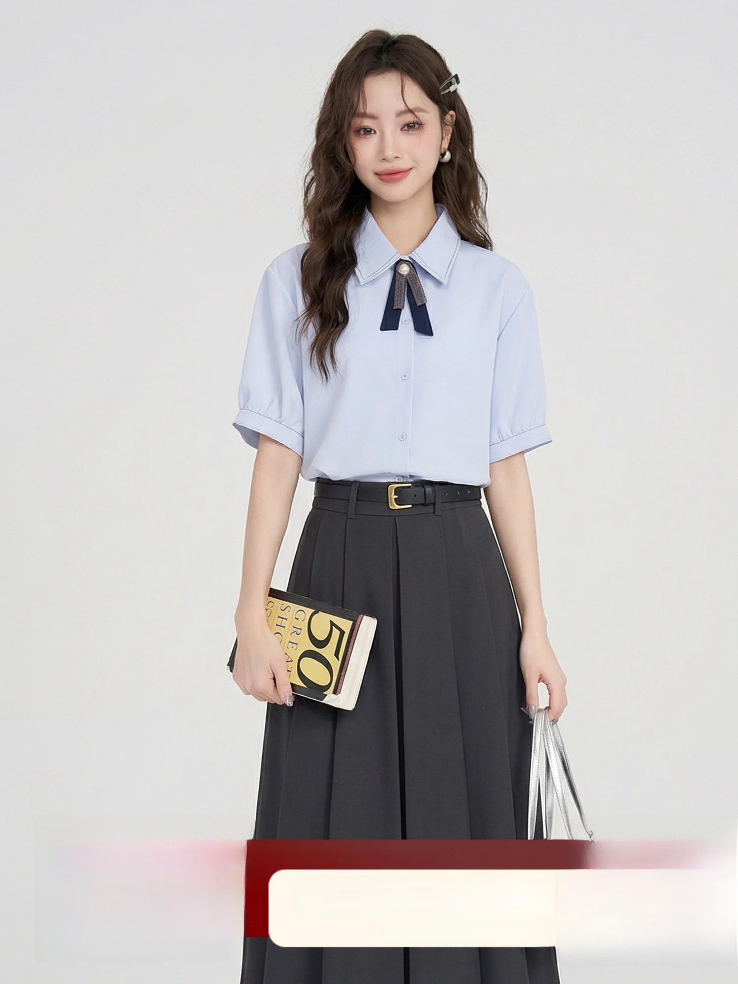 

Formal Occasion College Style Shirt And Skirt Set Women's Fashion Spring Summer Breathable Medium Thickness Button up Top