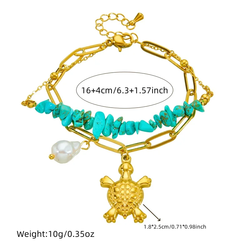 MEYRROYU-pulsera con colgante de tortuga para niña, cadena de mano de acero inoxidable 316L, Perla turquesa, Color dorado, nueva tendencia concisa, regalo de joyería