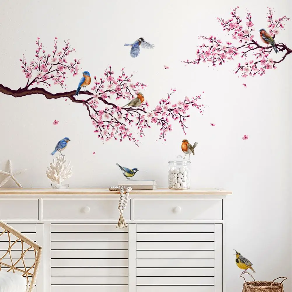 Peel Stick Wall Decal Flower Tree Wall Sticker Pink Blossom Bird Wall Sticker Set Waterproof Pvc Decal for Room Bedroom Modern