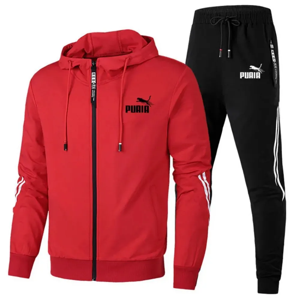 Fashion Tracksuit Men Suit Autumn New Zipper Cardigan Jacket+Sweatpants Stripe Running Fitness Basketball Jogging 2 Piece Set