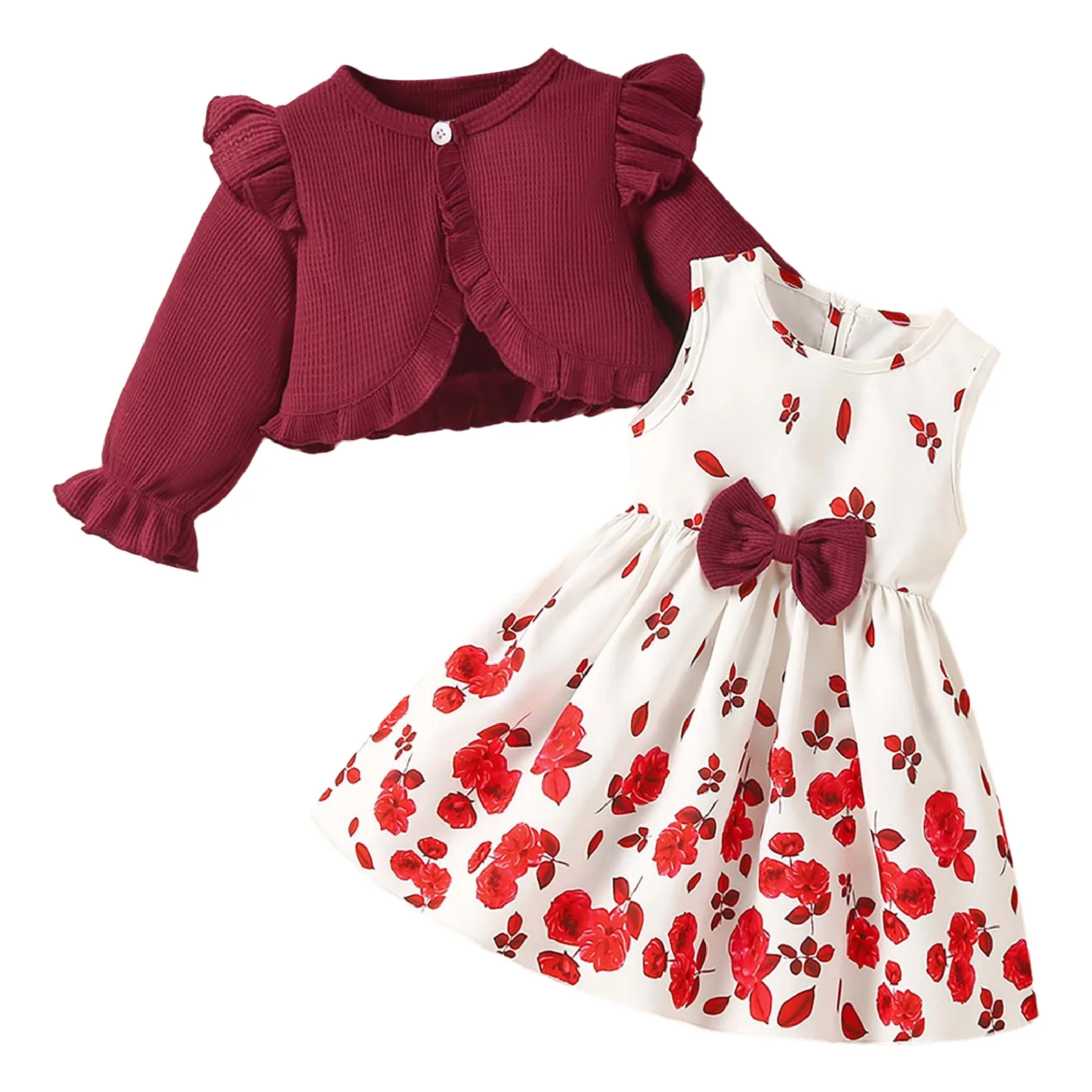 

Платье с цветочным узором для маленьких девочек и кардиганом, платья без рукавов с бантом, пальто с длинными рукавами и оборками для свадьбы, дня рождения