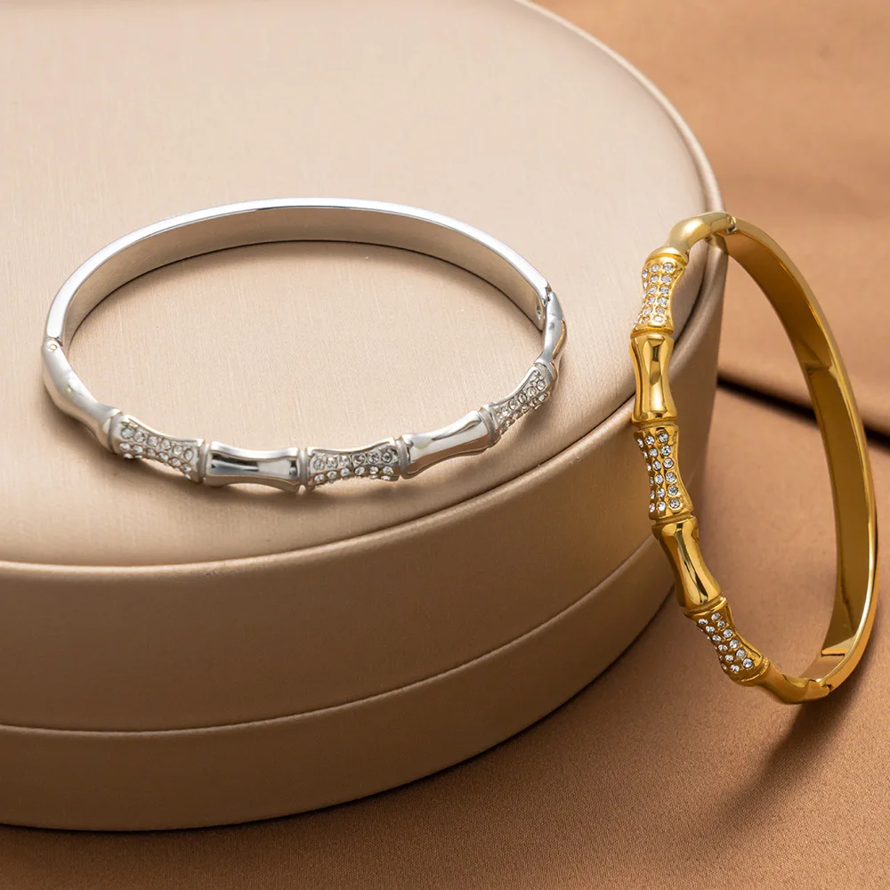 

Gold Color Bamboo Slub Titanium Steel Bangle Bracelet with Micropaved Zircon Simple Fashion Jewelry for Women Daily Wear