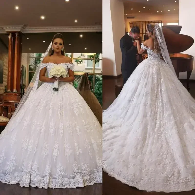 تخصيص قبالة الكتف زين منتفخ Ballgown زي العرائس 2025 ذيل شابيل الحبيب مسلم العربية الدانتيل فستان الزفاف