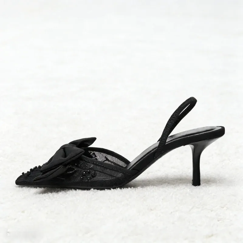 Brand Designer Thin High Heels Women Bow String Bead Pointed Slingback Mules Pumps Mesh Embroider Elegant Dress Sandals Female