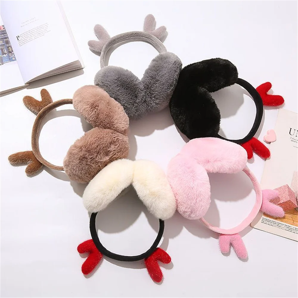 

Soft Plush Christmas Deer Horn Earmuffs for Women Outdoor Ear Warmer Winter Warm Cold Protection Fashion Cute Korean Ear Cover