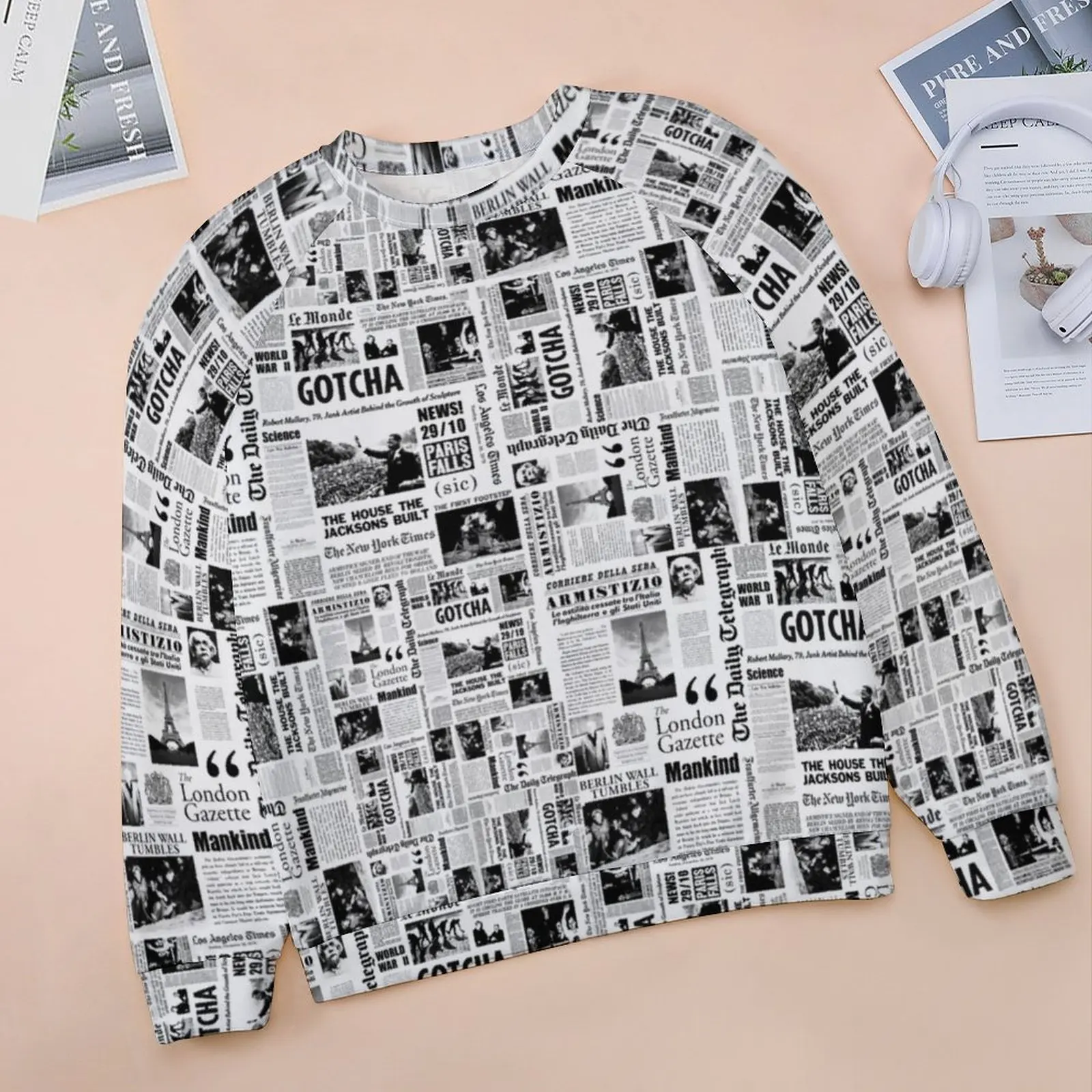 Vintage Newspaper Casual Hoodies Black White Design Hoodie Winter Long Sleeve Fashion Oversized Sweatshirts Birthday Present