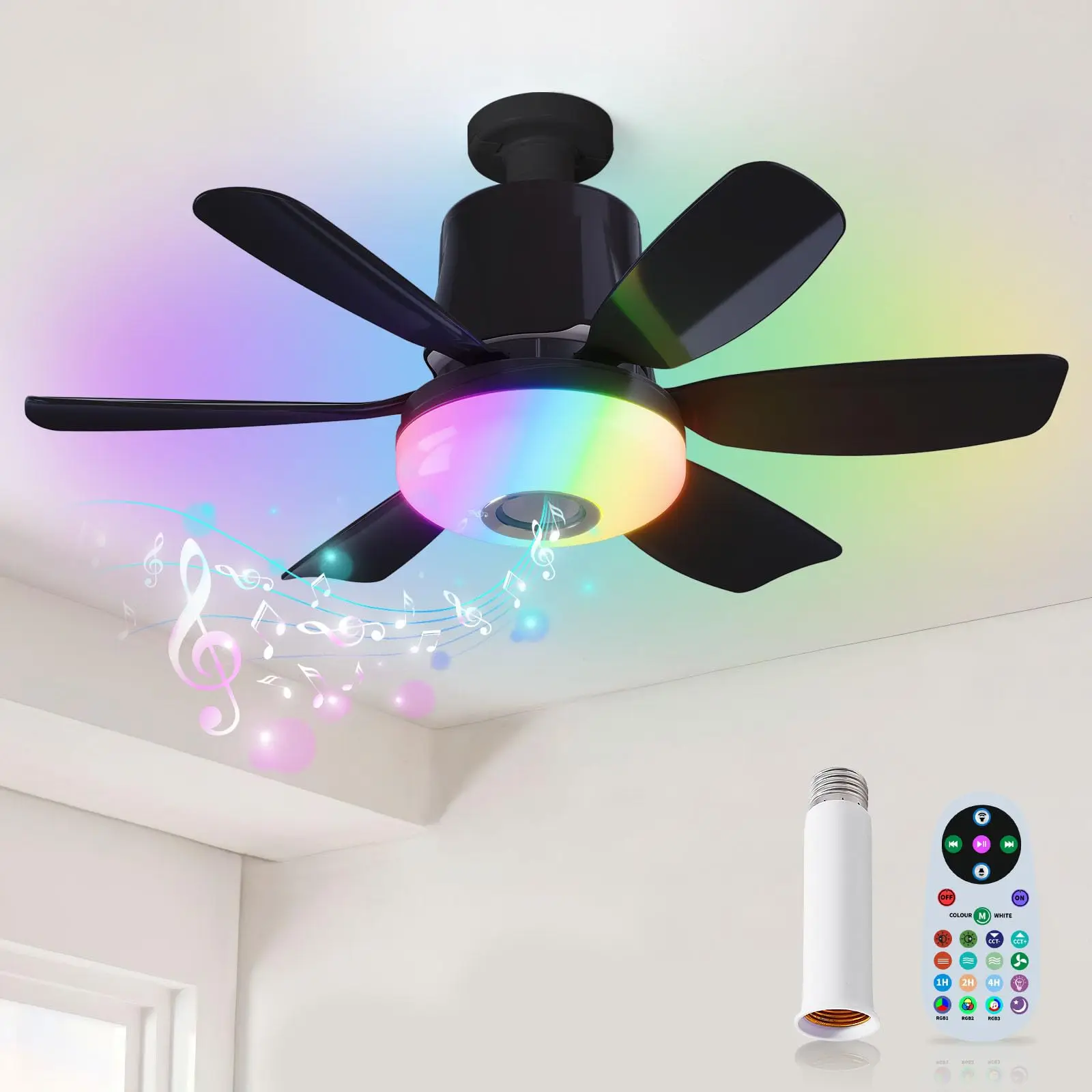 4 in 1 Socket Fan Light with Remote, 18.5 inch Small Ceiling Fans with Dimmable Led Light, Bluetooth Speaker, 3 RGB Mode