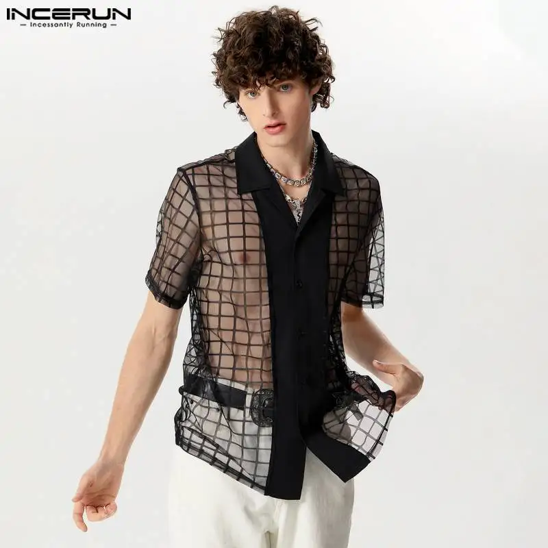 

INCERUN Tops 2024 American Style Sexy New Mens Checkered Mesh Perspective Shirts Casual Hot Sale Thin Short Sleeved Blouse S-5XL