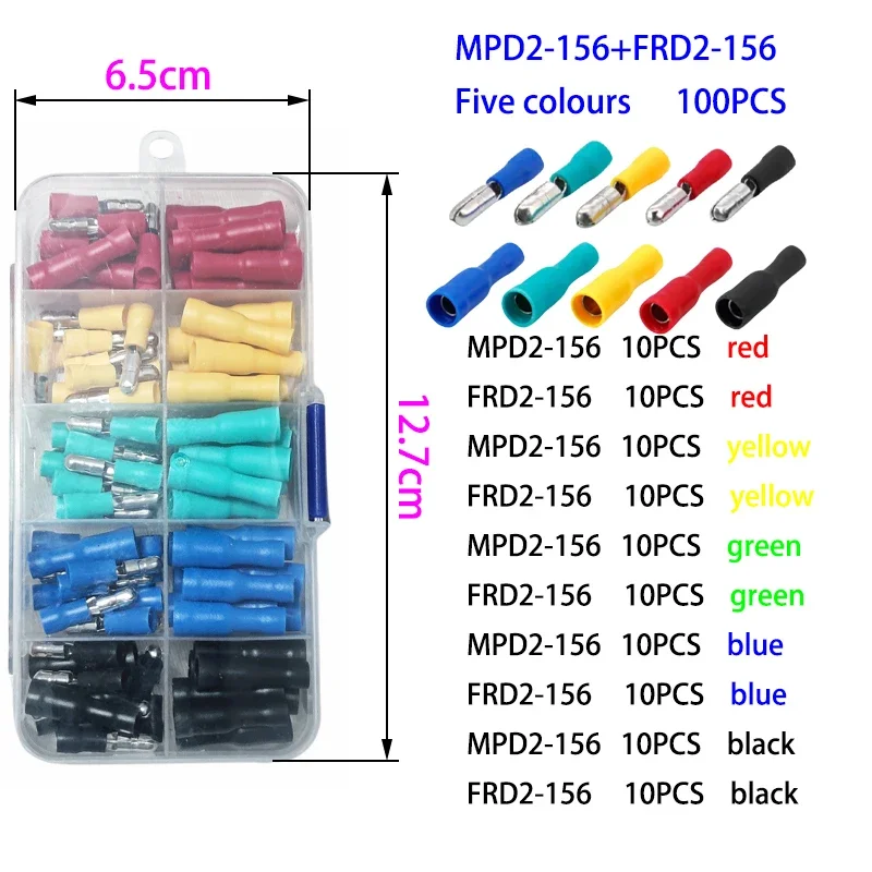 100PCS/Box 1.5-2.5mm² Female Male Butt-Joint Terminal A.W.G. 16-14 Insulated Cable Lug Crimping Connector MPD2(FRD2)-156