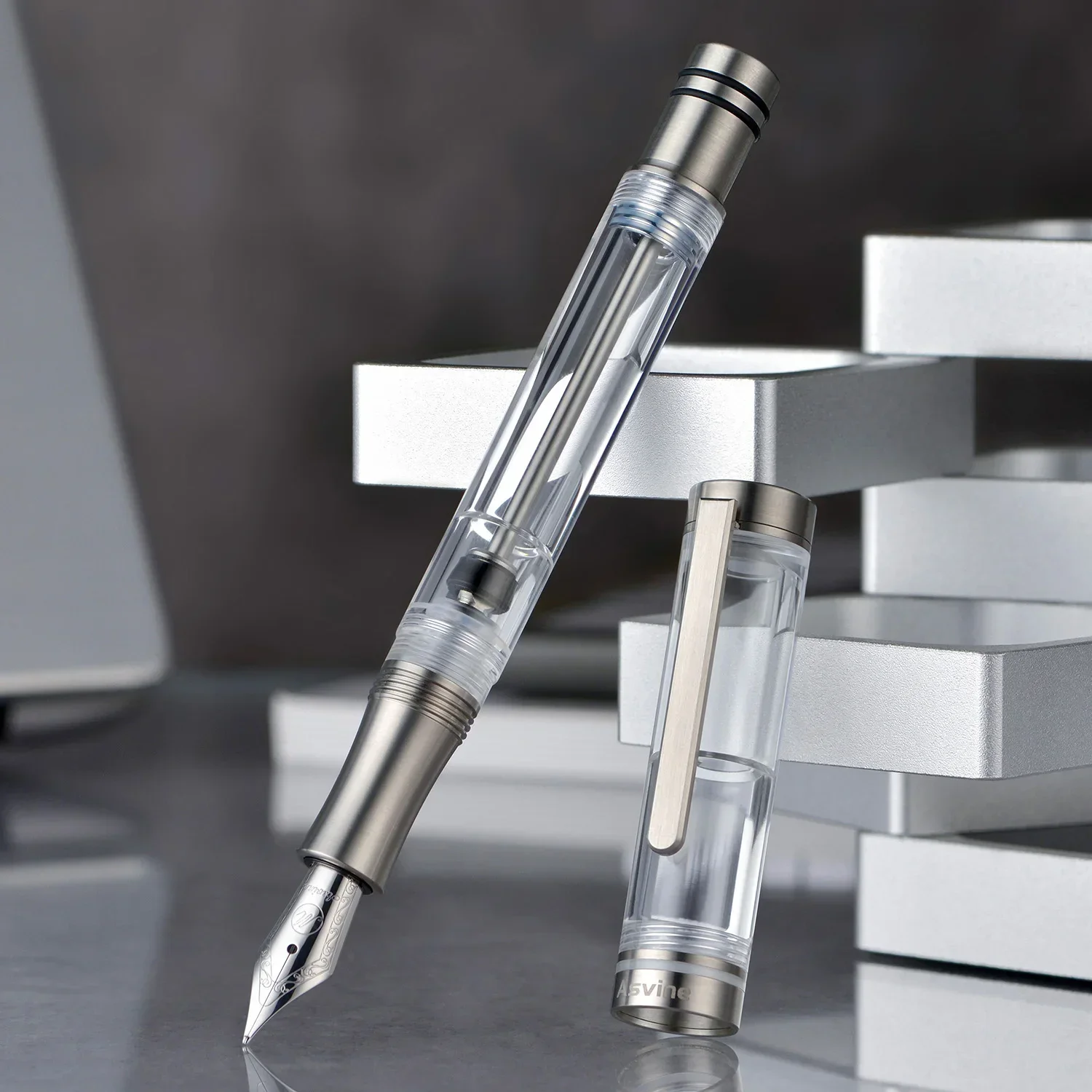 Asvine V200 Titanium Fountain Pen Vacuum Piston Filling,Asvine/BOCK EF/F//B Nib Clear Transparent Acrylic Pen Smooth Writing