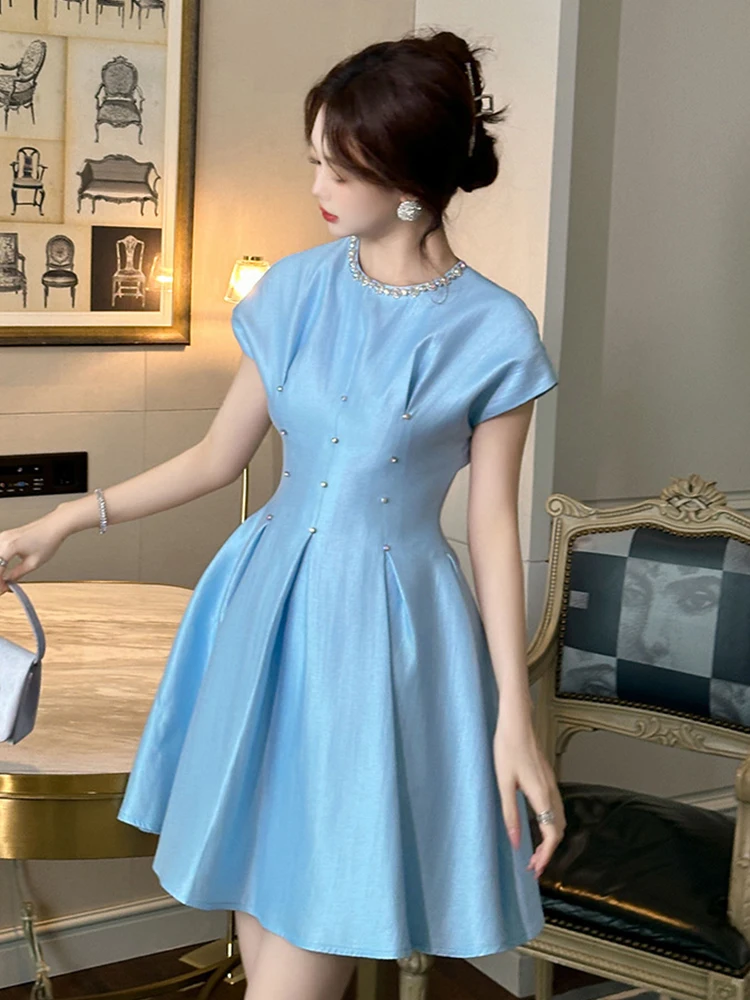 Elegant Luxury Blue Satin Summer Fashion Ball Gown Evening Dress Women Clothes Sweet O-Neck Slim Short Party Prom Vestido Fiesta