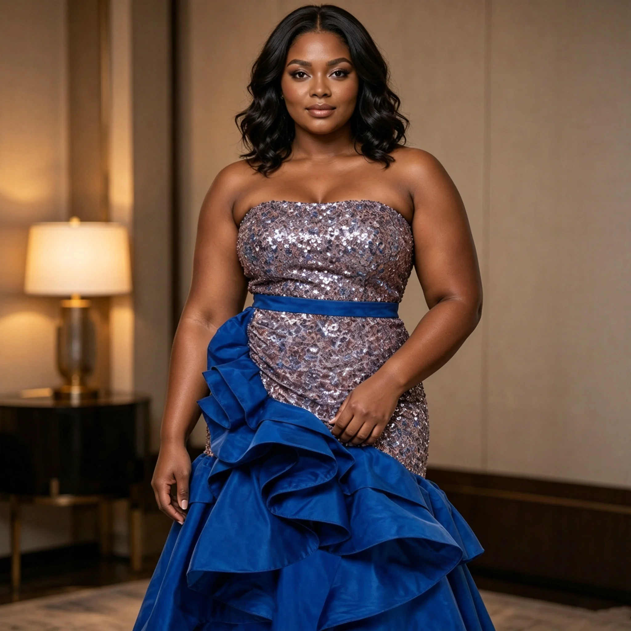 Plus Size Royal Blue Ruffled High Waist Mermaid Skirt Sparkle Sequin Asymmetrical Hem Maxi Skirt Formal Evening Party Prom Photo