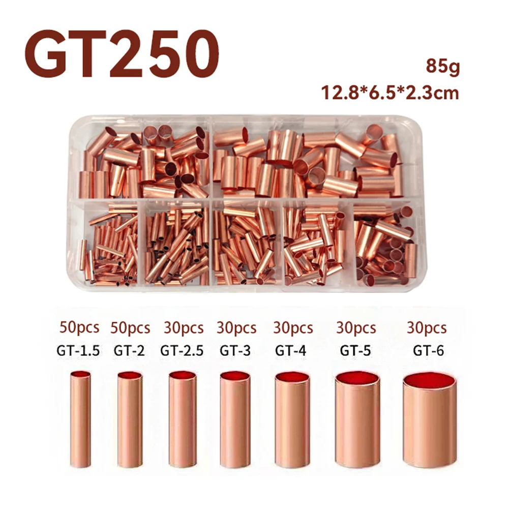 250PCS Copper Wire Ferrules Kit, 7 Sizes Non-Insulated Crimp Connectors, Red Electrical Butt Terminals For Automotive Marine