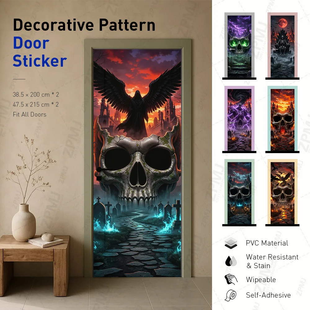Halloween Gothic Skull Reaper Door Sticker PVC Self‑Adhesive Waterproof Wipeable Decal for Indoor Bedroom Home Door Wall Decor