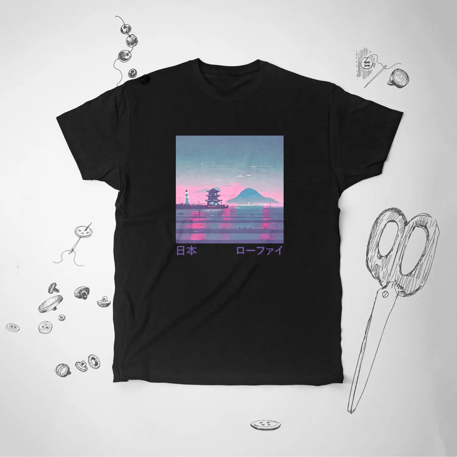 Japan shirt T tee Trendy Design Aesthetic Japanese Temple LoFi Blue Pink Landscape idea