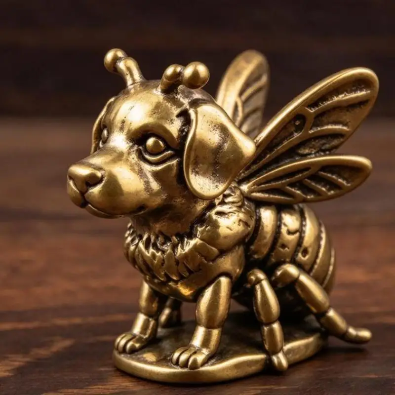 1/2Pcs Brass Small Bee Dog Mini Figurine Set Of Vintage Craft For Home Decoration Art Collection Gifts Desktop Ornament