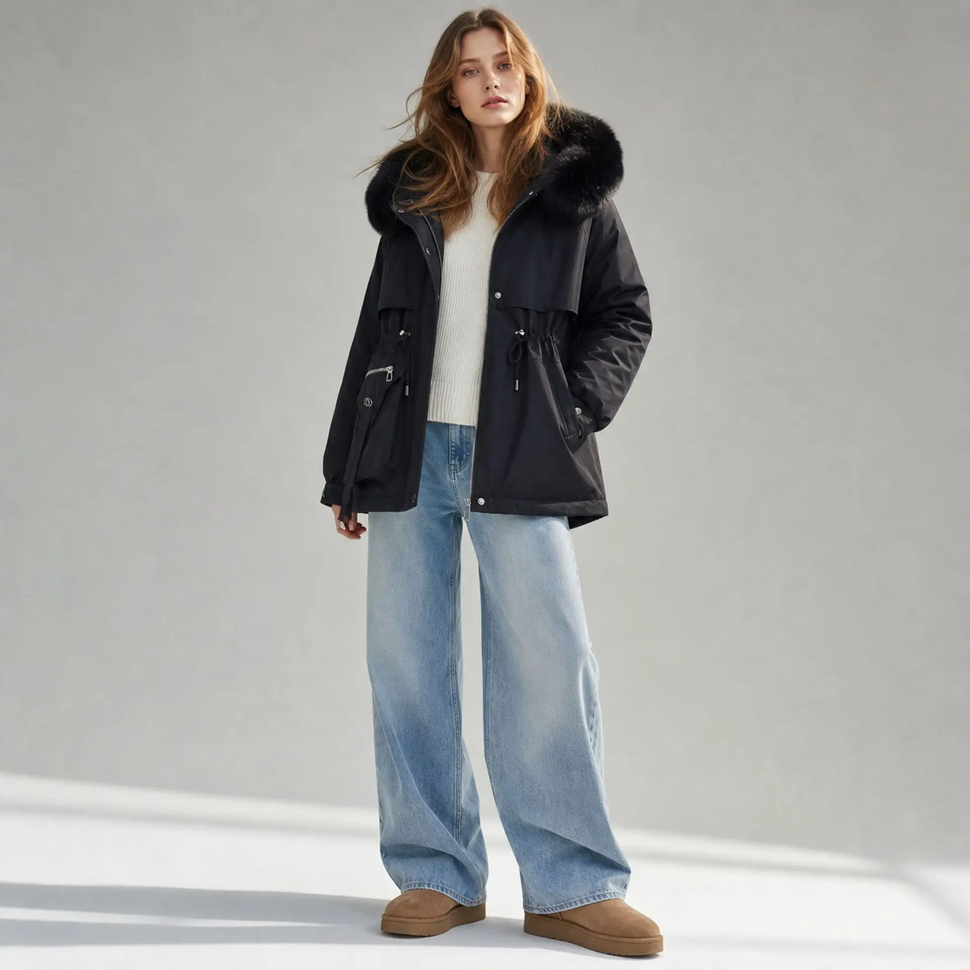 Women Winter Parka Casual Pocket Adjustable Waist Multifunctional Pocket Button Zipper Long Sleeved Solid Color Thick Warm Coat