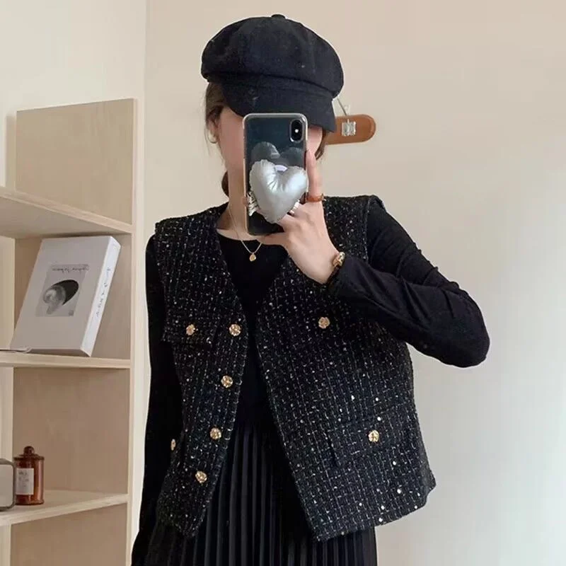 

Xiaoxiangfeng жилет, женское пальто, весна 2026, новая куртка без рукавов с блестками и карманами, свободный жилет в западном стиле с v-образным вырезом, женские топы