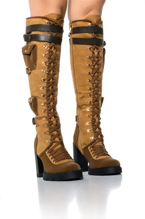 2024 Women Thigh High Over the Knee Boots Brown Cowboy Boots Side Zipper Western Pocket Boots 44