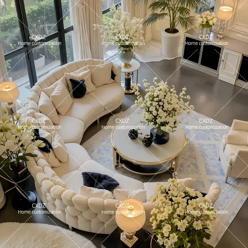 Minimalist Curved Fabric Sofa Light Colored Large Flat Living Room Villa Light Luxury Special Shaped Sofa