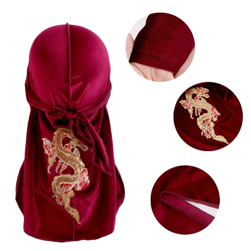 New Men's Dragon Pattern Velvet Durags Bandanas Headwear DuRag Turban Hat Headband Breathable Head Wraps With Extra Long Tail