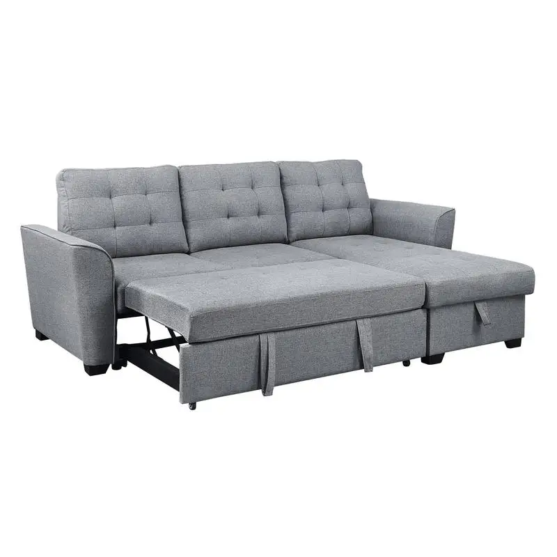90.5" Light Gray Linen Sleeper Sectional Sofa with Reversible Storage Chaise for Living Room