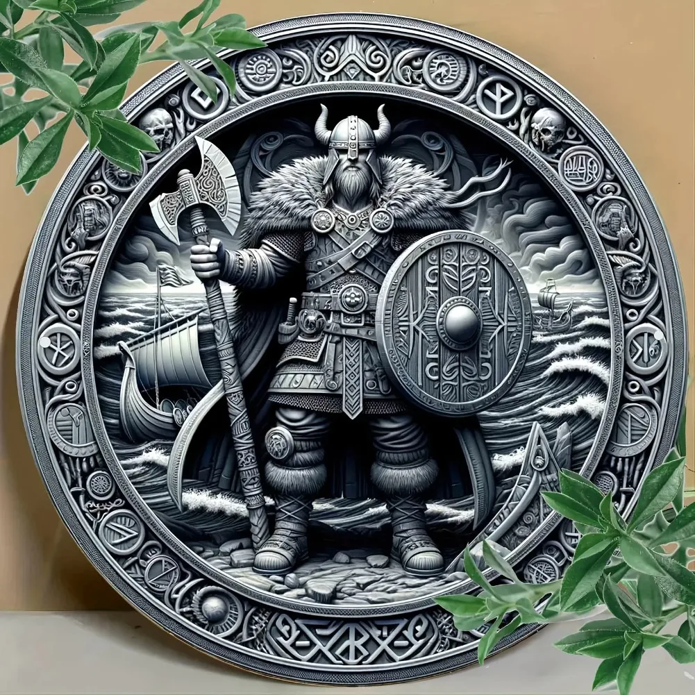 Viking Warrior's Wrath Aluminum 2D Wall Art 1pc - Round Aesthetic, Perfect Holiday Gift for Home/Bedroom/Living Room/Cafe Decor