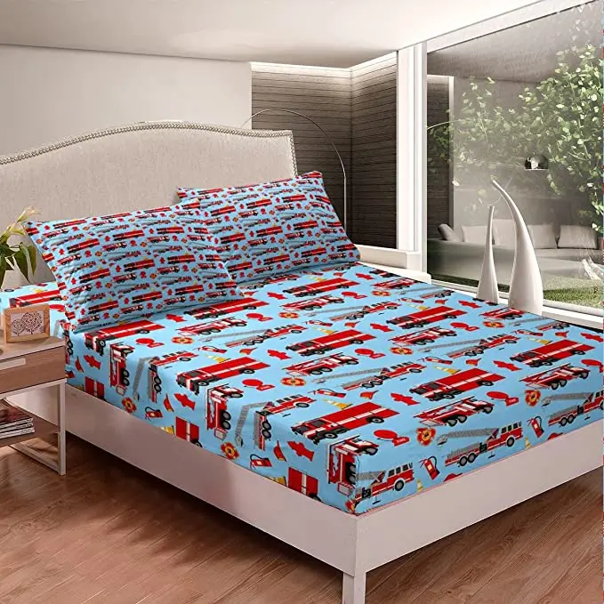 Equipment Trucks Fitted Sheet Excavators Bedding Set for Kids Boys Girls Children Red Vehicle Bed Sheet Set Construction Tractor