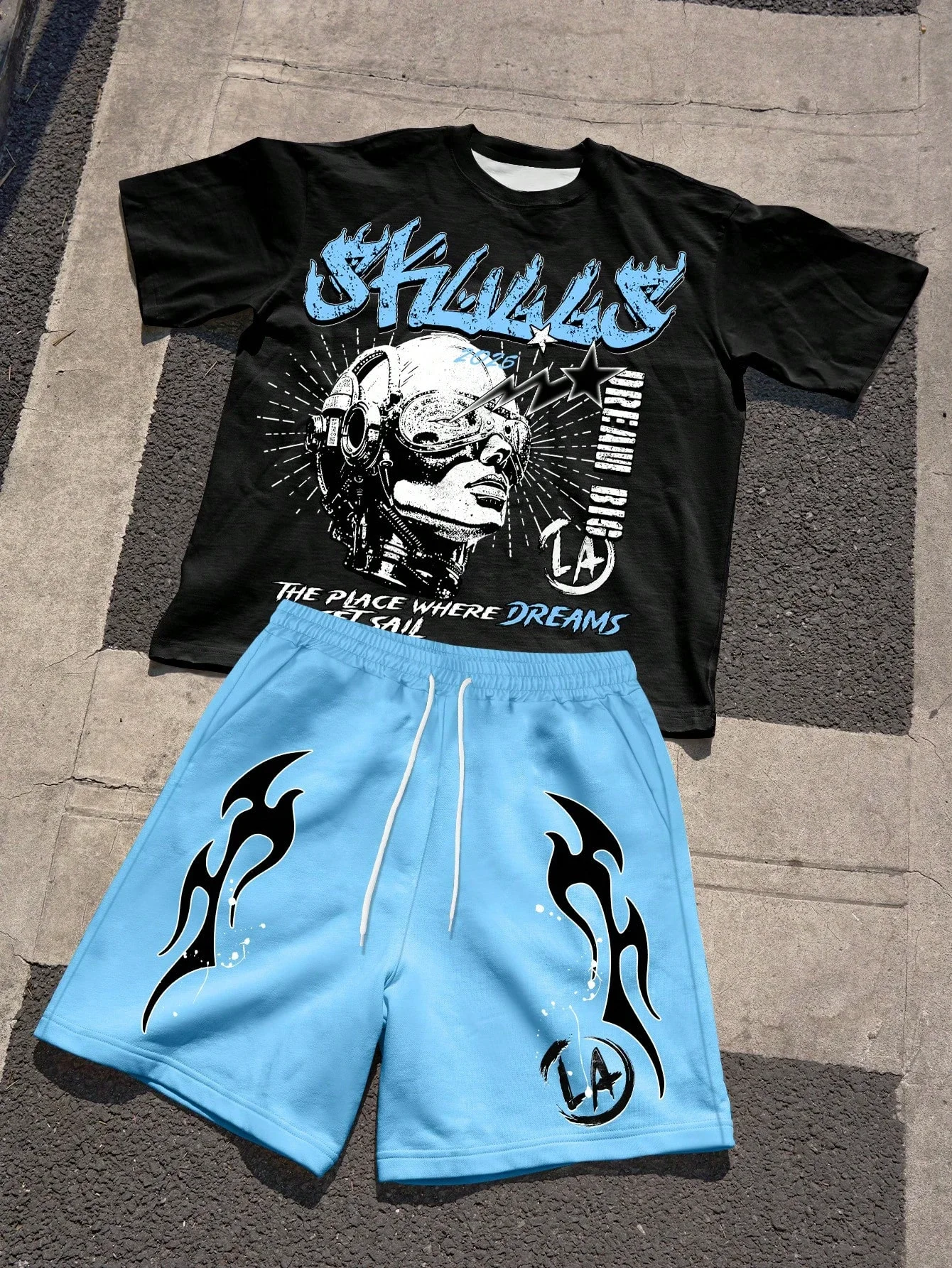 

New Men's Summer Letter Pattern Printed Comfortable Breathable Round Neck T-shirt Drawstring Shorts Set Outdoor Street Clothing