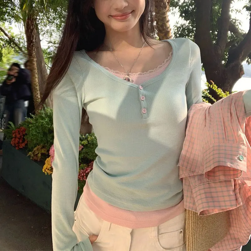 Sweet Fake Two Pieces Lace Spliced T-shirts Spring Autumn Korean Slim Women's Clothing Long Sleeve Contrasting Colors Pullovers