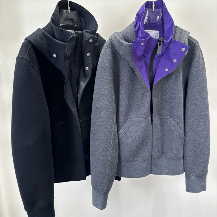 2025 AW جديد اليابانية المتخصصة تصميم وهمية قطعتين كتلة اللون تقسم مقنعين الوقوف طوق وسادة مبطنة المرأة معطف القطن الدافئ